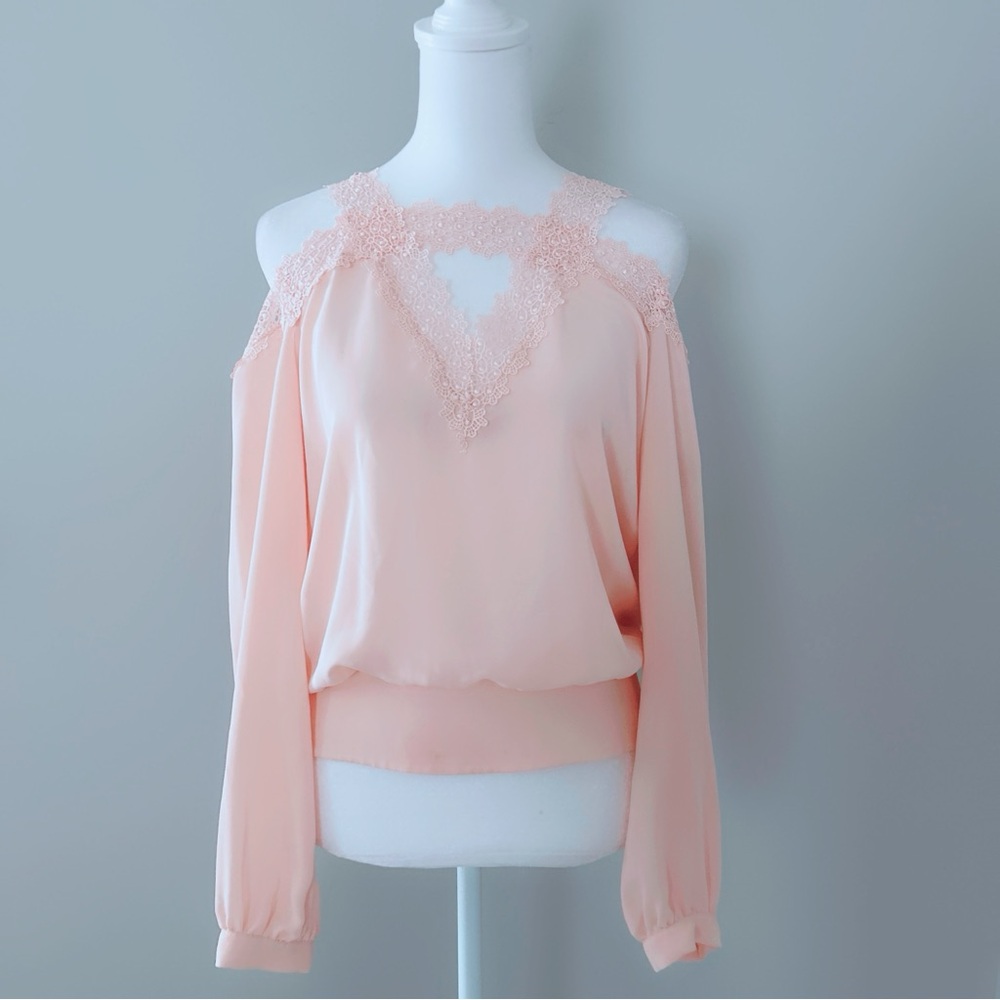 bebe Blush Pink Lace Trim Chiffon Blouse Size S | Feminine Romantic Sheer Top